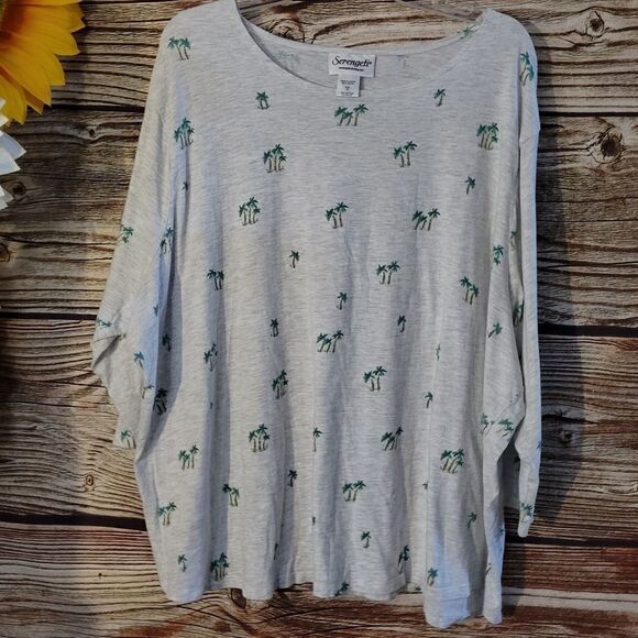 "Serengeti " Woman's long sleeve top Size: 3X gray/palmtrees Pre-owned - Picture 1 of 5